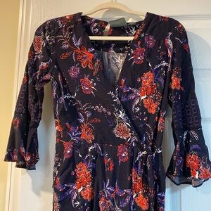 Maeve Anthropologie jumpsuit blue red bird pattern w/ flutter sleeve